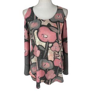 Whimsy Rose Butterknit Pink Grey Cream Floral Print Cold Shoulder Top Small S